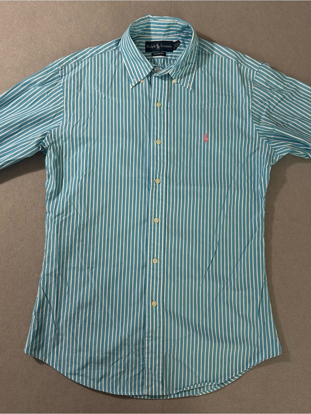 Ralph Lauren Teal and White Vertical Stripe Button-Down Shirt